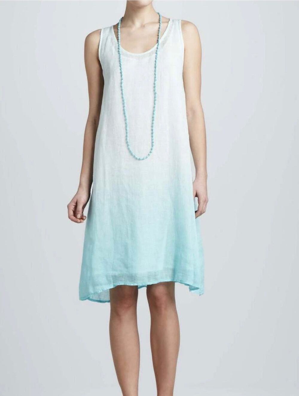 Eileen Fisher Dress PL Petite Large 100% Linen Aqua Ombre Sleeveless Midi